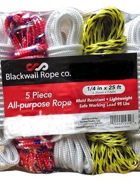5 Piece All-Purpose Rope, Mold Resistant, 1/4in x 25ft, each roll.
